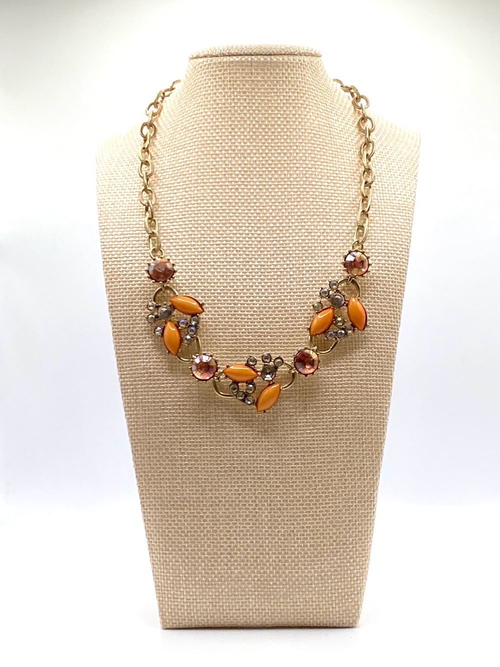 Boho Orange Peach Rhinestone Statement Necklace Gold Tone Asymmetric Cluster